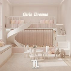 a white room with a spiral staircase in the center and baby's crib on the other side