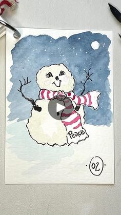 a drawing of a snowman with a red and white striped scarf around his neck