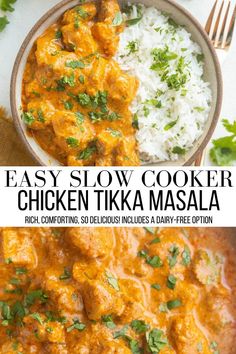 easy slow cooker chicken tika masala recipe with rice and cilantro