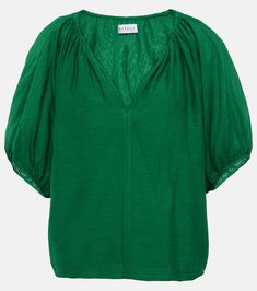 Kristen cotton and silk blouse in green - Velvet | Mytheresa Green Silk V-neck Top, Green Cotton V-neck Blouse, Green V-neck Blouse With Blouson Sleeves, Green V-neck Tops With Blouson Sleeves, Summer Puff Sleeve Cotton Blouse, Cotton Puff Sleeve Blouse For Summer, Green Relaxed Fit Viscose Tops, Spring Cotton Shirt With Blouson Sleeves, Green Relaxed Fit Top For Daywear