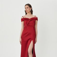 Step into elegance with this stunning off-shoulder satin evening dress. Designed with a beautiful fold-over bodice and a dramatic high slit, this dress is perfect for making a statement at any formal event. The luxurious satin fabric drapes gracefully, offering a flattering silhouette that enhances your natural curves. Whether you're attending a wedding, gala, or special occasion, this dress ensures you'll be the center of attention. Complete with delicate spaghetti straps for added support and Satin Evening Dress, Satin Evening Dresses, Natural Curves, Draped Fabric, Dress Clothes For Women, Satin Fabric, Formal Event, Evening Dress, A Wedding