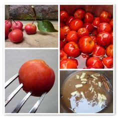 four pictures with different types of fruit and one has a fork in the foreground