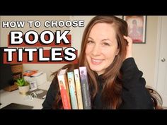 a woman is holding several books in her hands and the words how to choose book titles