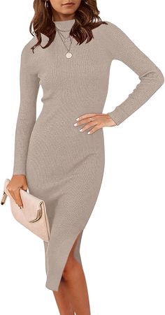 ANRABESS Women Long Sleeve Turtleneck Slim Fit Ribbed Knit Slit Cocktail Party Sweater Midi Dress 2024 Trendy Fall Outfits Red Apricot Small at Amazon Women’s Clothing store Party Sweaters, Elegant Sweater, Ribbed Sweater Dress, Looks Party, Turtleneck Sweater Dress, Women Long Sleeve Dress, Trendy Fall Outfits, Long Sleeve Sweater Dress, Sweater Dress Midi