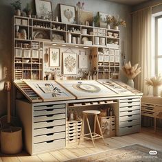 an artist's studio with lots of art supplies on the shelves and desks