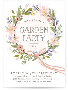 an elegant garden party with flowers and ribbons on the front is shown in white paper