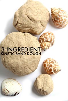 three different types of sand and sea shells on a white background with the words 3 ingredient knettetic sand dough