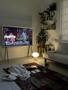 a flat screen tv sitting on top of a living room floor