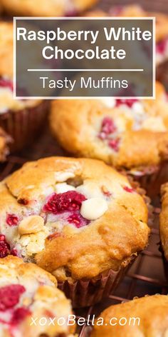 raspberry white chocolate tasty muffins on a cooling rack with text overlay