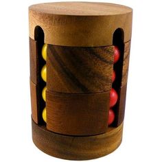 a wooden toy with four balls in it's center and one on its side