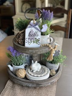 a tray that has some plants in it on top of a table with a sign saying hello spring