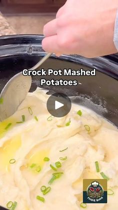 the crock pot mashed potatoes is being spooned