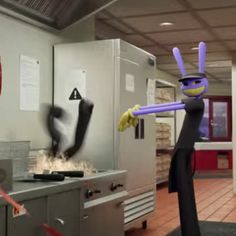 a cartoon character is in the middle of a kitchen