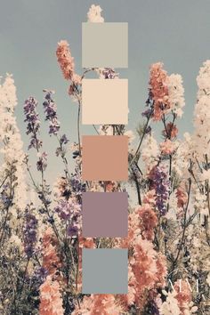 the color scheme is different shades of pink, blue and white flowers with sky in background