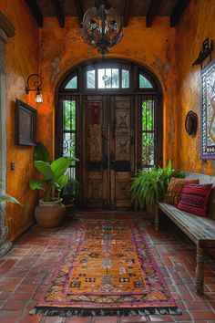 an entryway with a bench, rug and potted plants