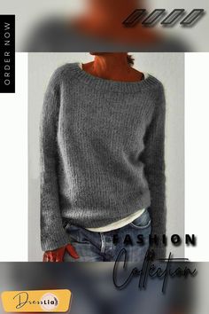 Solid Knitted Plus Size Pullovers Jumpers Sweaters Casual Chunky Knit Sweater, Knitted Crew Neck Tops With Cozy Fit, Gray Chunky Knit Casual Top, Casual Chunky Knit Tops For Fall, Casual Gray Chunky Knit Top, Gray Knitted Crew Neck Top, Chunky Knit Cozy Fit Crew Neck Tops, Casual Gray Knitted Sweater, Cozy Fit Chunky Knit Crew Neck Tops