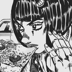 a black and white drawing of a woman eating pizza with her hand on her face