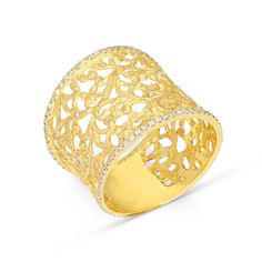 The perfect complement to her whimsical style, this vintage-inspired 18k yellow gold diamond ring is ready to surprise and delight. This elegant look showcases a designer filigree style ring rimmed with delicate yet shimmering pave diamonds. Surprise your loved one or yourself with this truly special gift appropriate for everyday or special occasion.
Available in all sizes, send us yours!
0.45 carat white diamonds
14K yellow gold
The ring design can be customized to suit your particula Luxury Yellow Gold Filigree Ring With Decorative Band, Luxury Yellow Gold Filigree Ring Gift, Luxury Yellow Gold Filigree Ring With Gemstone, Luxury Yellow Gold Filigree Ring, Luxury Yellow Gold Filigree Brooches, Crossover Diamond Ring, Filigree Ring Gold, Whimsical Style, Yellow Gold Diamond Ring