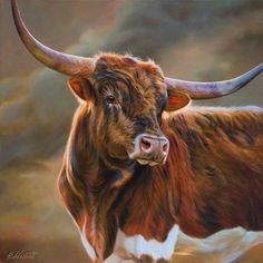 a painting of a brown and white cow with large horns