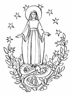 the virgin mary coloring page with stars and leaves around it, in black and white