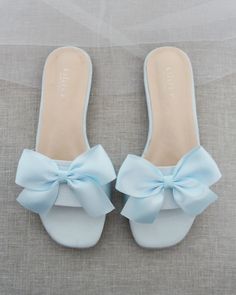 "Classic slide flat sandals for casual and dressy look with added SATIN BOW. Simple and easy wear for brides, bridesmaids and/ or wedding parties. DETAILS: COLORS AVAILABLE: Ivory, Light Blue, White, Pink, and Champagne UPPER: Synthetic upper and lining MATERIALS: Mandmade outsole STYLE NAME: EVELYN Not sure of which size to purchase? Shoes measurements are as follow: (Please note measurements taken the length of inside of shoe from toe to heel) Size 5.5 - 9.25\" Size 6 - 9.40\" Size 6.5 - 9.50\ Bridesmaids Sandals, Girly Sandals, Name Evelyn, Bridesmaid Sandals, Pink And Champagne, Preppy Shoes