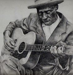 a drawing of a man with a hat and guitar in his hands, playing the guitar