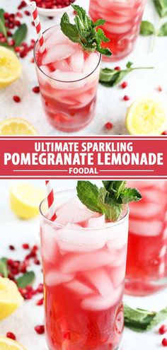 two glasses filled with pomegranate lemonade and garnished with mint