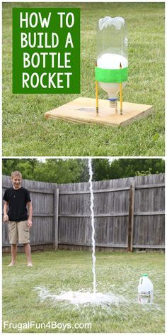 a man standing in front of a water sprinkler with the words how to build a bottle rocket