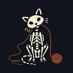 a cat sitting next to a ball of yarn on top of a black background with an orange string