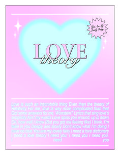 a pink and blue heart with the words love theory written in black ink on it