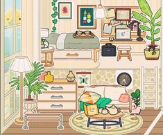 a living room filled with furniture and lots of plants on top of the floor next to a window