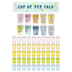 the cup of pep talk stickers are shown in various colors and sizes, with different cups on each side