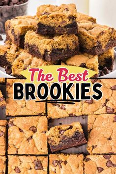 chocolate chip cookie bars stacked on top of each other with the words, the best cookies