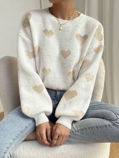 Khaki Casual Collar Long Sleeve Fabric Heart Pullovers Embellished Slight Stretch  Women Clothing Easy Trendy Outfits, Drop Shoulder Sweaters, White Sweater, Really Cute Outfits, Cute Sweaters, Preppy Outfits, Hoodie Dress, Cute Casual Outfits