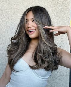 Orange Balayage On Black Hair, Brunette Hair On Asians, Pretty Hair Colors For Brunettes, Cool Brown Hair Blue Eyes, Brown Black Hair Balayage, Winter Hair Color Dark, Asian Highlights Hair Black, Hair Colors For Asian Women, Brown Hair On Asian