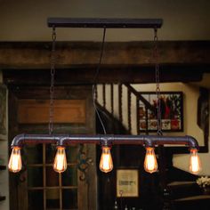 Rustic 5-Light Industrial Iron Plumbing Pipe Pendant For Table And Island Rust Dining Room Ceiling, Pipe Lamp, Steampunk Lamp, Vintage Restaurant, Plumbing Pipe, Lighting Ceiling, Chandelier Style, Lamps For Sale, Incandescent Lighting