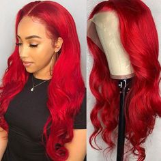 Bright Red Colored Wavy Wigs 100% Human Hair Wig Lace Front, Wavy Wigs, Red Wigs, Wig Lace, Colored Wigs, Lace Body, 100 Remy Human Hair, Red Hair Color, Hair Quality