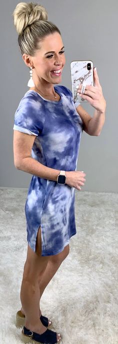 Tie Dye Pocket Dress – privityboutique Blue Spring Dress With Split Hem, Casual Stretch Loungewear Dresses, Casual Stretch Dresses For Loungewear, Short Sleeve Dresses With Pockets For Loungewear, Stretch Dress With Pockets And Short Sleeves, Casual Crew Neck Dress With Pockets, Casual Loungewear Dress With Curved Hem, Comfortable Blue Spring Dresses, Everyday Blue Dress With Pockets