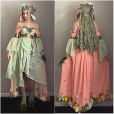 two pictures of the same woman in different outfits, one with flowers on her head