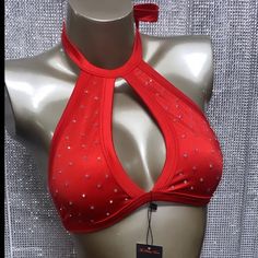 Red Rhinestone Halter Top. Perfect For Your Next Rave Or Just To Wear As A Bikini Top. Nwt Elegant Red Halter Top For Night Out, Red Fitted Halter Top For Night Out, Fitted Red Halter Top For Night Out, Elegant Red Halter Top For Party, Red Stretch Triangle Halter Top, Red Halter Top For Summer Parties, Red Sleeveless Swimwear For Party, Red Sleeveless Party Swimwear, Fitted Red T-back Halter Top