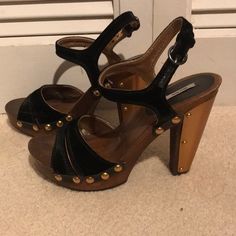 Miu Miu Black Velvet Mettalic Studded Metal Plated Heel Size 7.5 But The Size Is Not Indicated. They Are My Size. The Size Was On The Box Which They Don’t Come With. They Are Studded At The Sides And Never Worn Just To Try On But They Are A Little Marked Up And The Heel Plate Is A Little Bent In Some Spots. I’ll Give Them To You For A Special Price. Miu Miu Open Heel Leather Heels, Miu Miu Leather Open Heel Heels, Elegant Miu Miu Ankle Strap Sandals, Chic Miu Miu Platform Heels, Miu Miu Leather High Heel Sandals, Miu Miu High Heel Leather Sandals, Miu Miu Heel Strap Sandals For Party, Miu Miu Leather Sandals With Open Heel, Miu Miu Round Toe Sandals For Evening