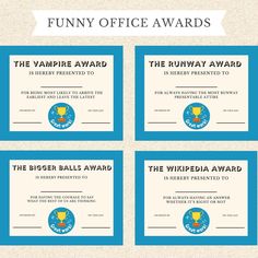 four blue and white award certificates with the words, funny office awards on them