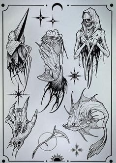 an old school tattoo flash sheet with different tattoos on it's sides and arms