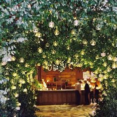 an archway with lights hanging from it's sides and greenery on the other side