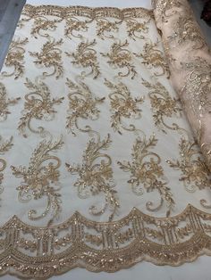 Embroidered Gold Lace Tulle Fabric, Embroidered Gold Lace Fabric, Gold Embroidered Lace Tulle Fabric, Lace Table Cloth, Lace Tablecloths, Dear Costume, Saved Pictures, Vegas Shows, Bridal Decorations