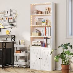 a room with a desk, bookshelf and potted plant on the floor