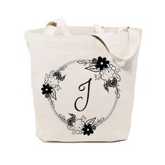 Personalized Monogram Floral Cotton Canvas Tote Bag - The Cotton and Canvas Co. Eco Friendly Handbags, Canvas Beach Tote, Floral Circle, Canvas Totes, Personalized Tote Bags, Cute Tote Bags, Personalized Monogram, Quartz Bracelet, Beach Tote Bags