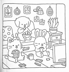 a black and white drawing of two bunny rabbits eating at a table with food in front of them