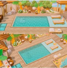 two pictures of an outdoor pool with chairs and tables next to the swimming pool are made out of wood planks