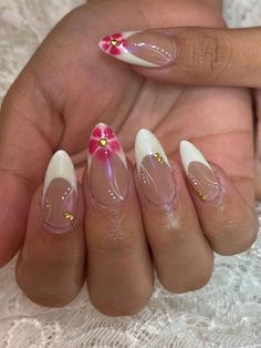 Hawaii Nails, Summery Nails, Girly Acrylic Nails, Simple Acrylic Nails, Classy Acrylic Nails, Nail Swag, White Nail, Funky Nails, Pretty Acrylic Nails